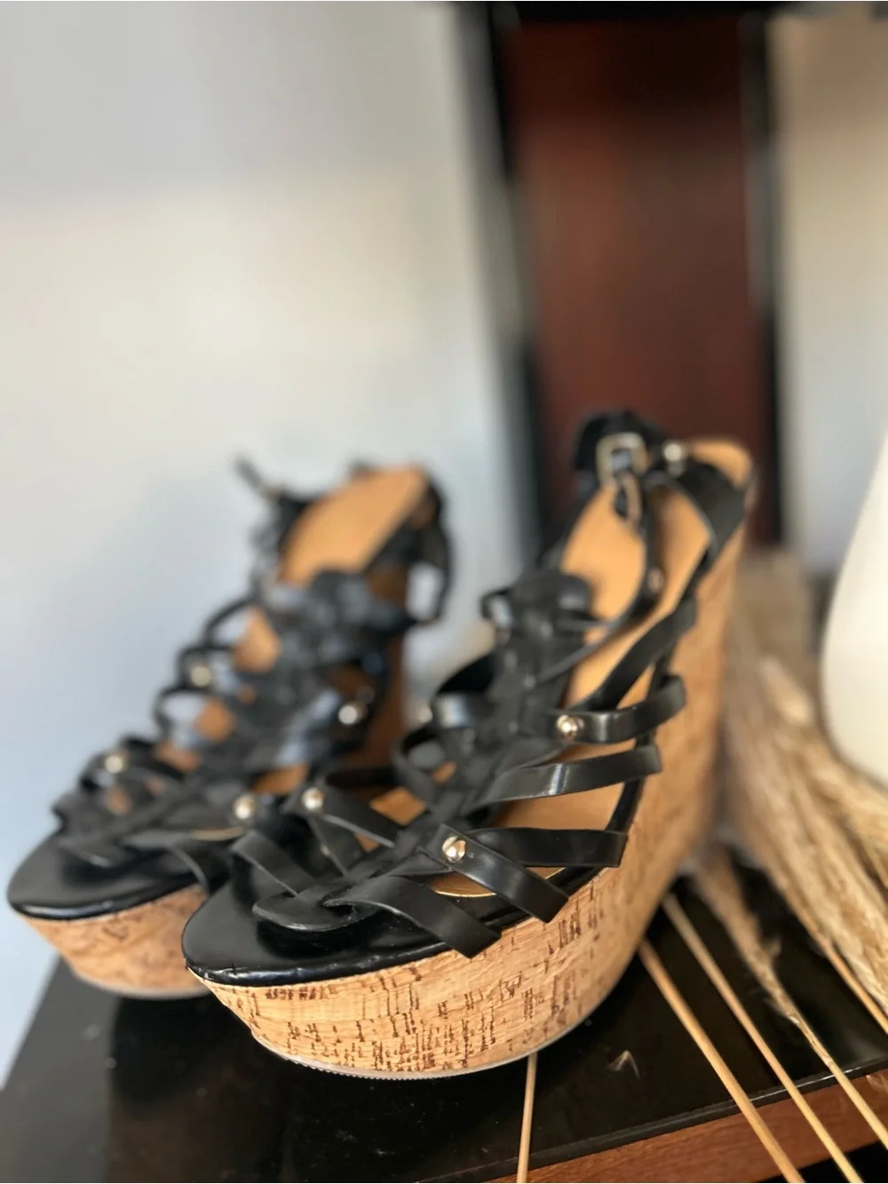 Black Strappy Cork Wedge Sandals - Women 10